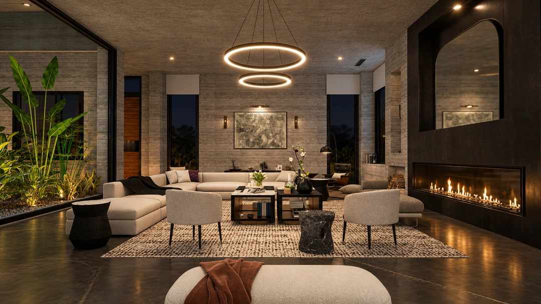 Evening dining area beneath circular ceiling lights — Pacific Palisades, CA, Studio Dalika; project view 27