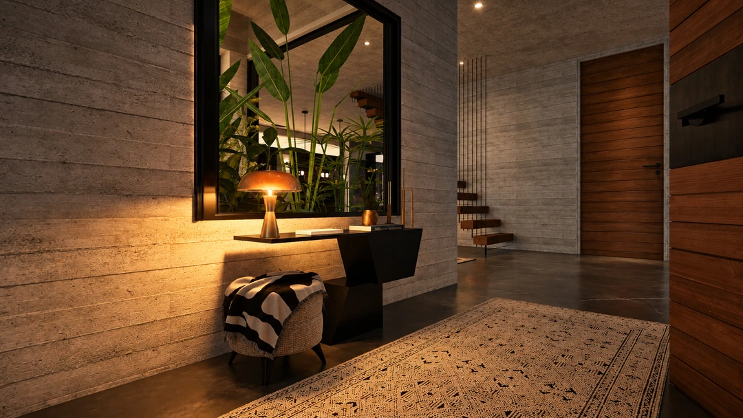 Evening entry console beneath tall mirror — Pacific Palisades, CA, Studio Dalika; project view 28
