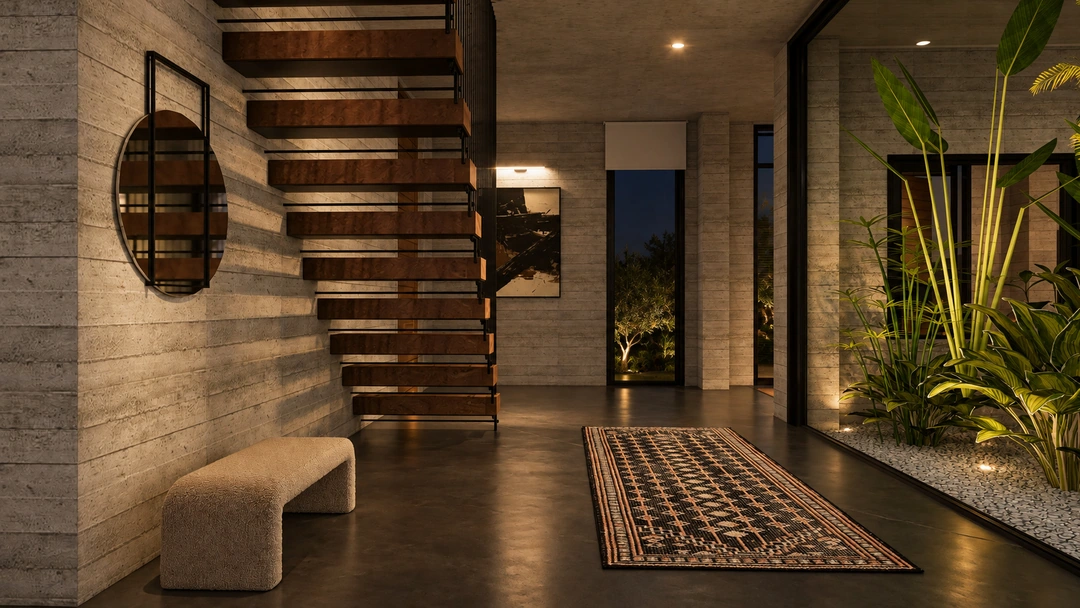 Evening entry hall beside open staircase and courtyard — Pacific Palisades, CA, Studio Dalika; project view 29