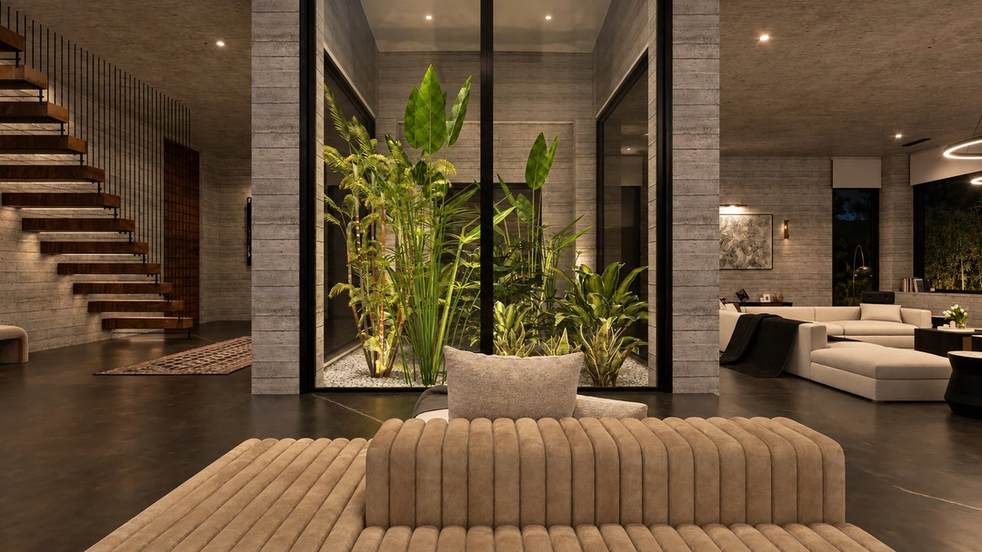 Evening stair hall with rounded bench and tropical planting — Pacific Palisades, CA, Studio Dalika; project view 30