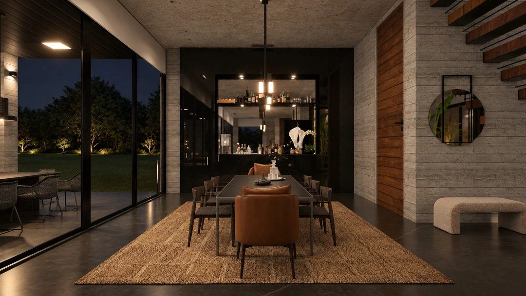 Evening dining area beside glazed courtyard and kitchen — Pacific Palisades, CA, Studio Dalika; project view 31