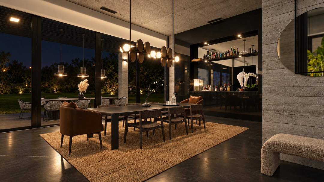 Evening dining room with long table and hanging pendants — Pacific Palisades, CA, Studio Dalika; project view 32