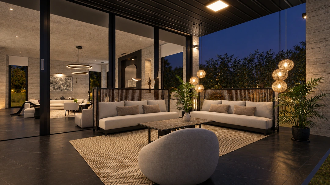 Evening lounge seating beside illuminated courtyard and glazing — Pacific Palisades, CA, Studio Dalika; project view 33
