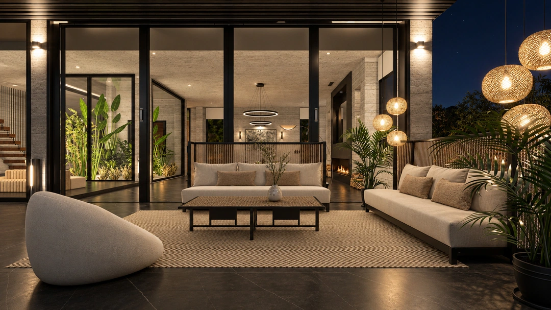 Evening living room with sculptural chairs and sectional — Pacific Palisades, CA, Studio Dalika; project view 34