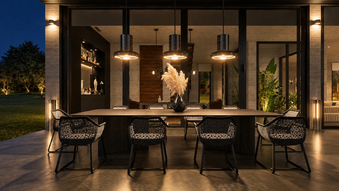 Evening kitchen island with stools and dark cabinetry — Pacific Palisades, CA, Studio Dalika; project view 35