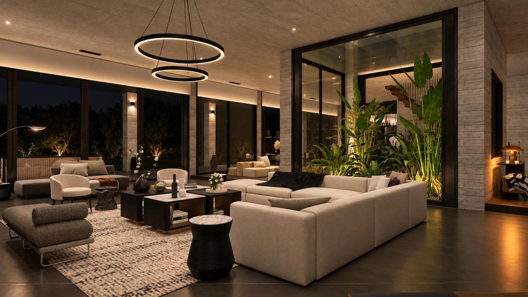 Double height living area with white sectional and chandelier — Pacific Palisades, CA, Studio Dalika; project view 36