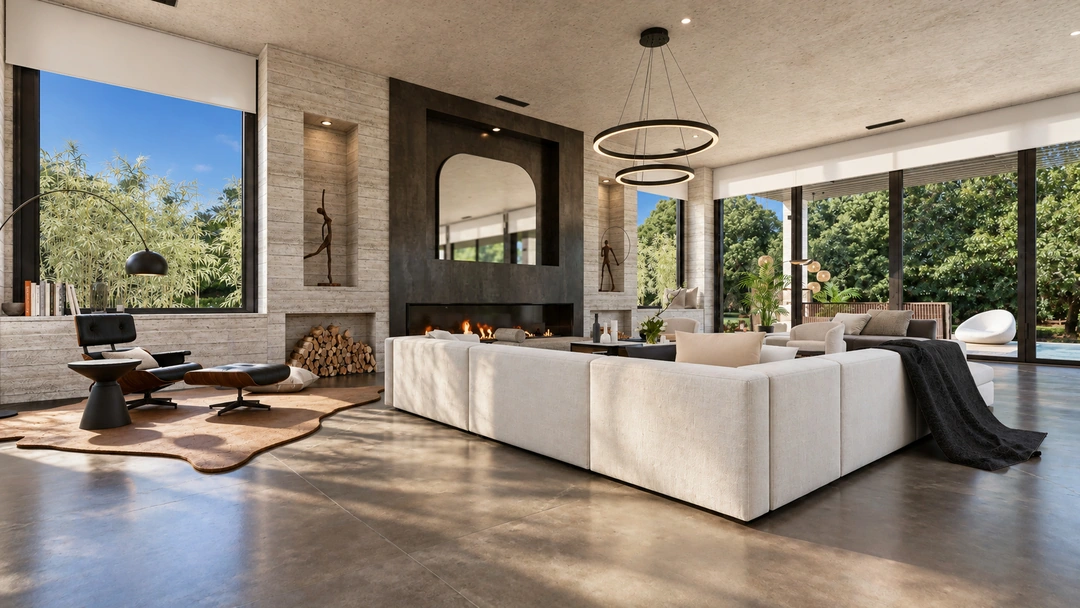 Living room with sectional and large garden windows — Pacific Palisades, CA, Studio Dalika; project view 37