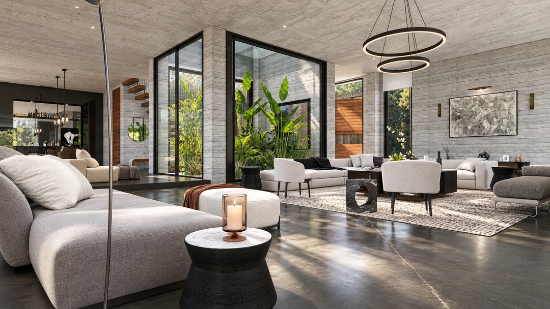 Living room seating around low sculptural coffee tables — Pacific Palisades, CA, Studio Dalika; project view 38