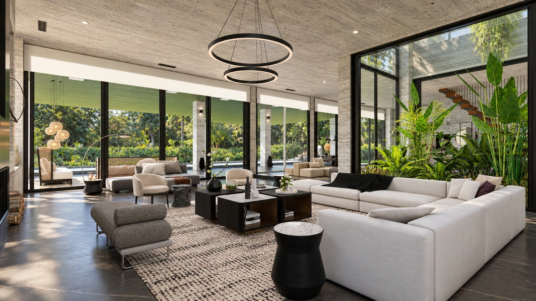 Open living room with sectional and circular chandeliers — Pacific Palisades, CA, Studio Dalika; project view 39