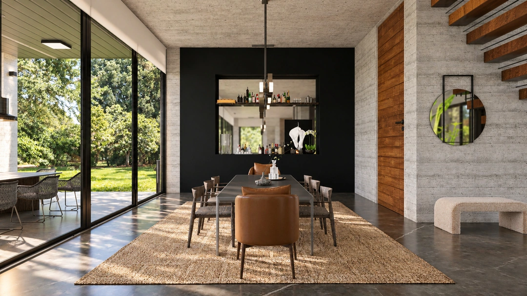Dining area beside open staircase and garden glazing — Pacific Palisades, CA, Studio Dalika; project view 40