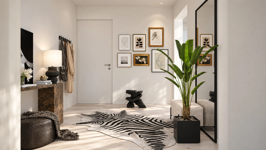 Entry with patterned rug and framed photograph display — New York, NY, Studio Dalika; project view 3