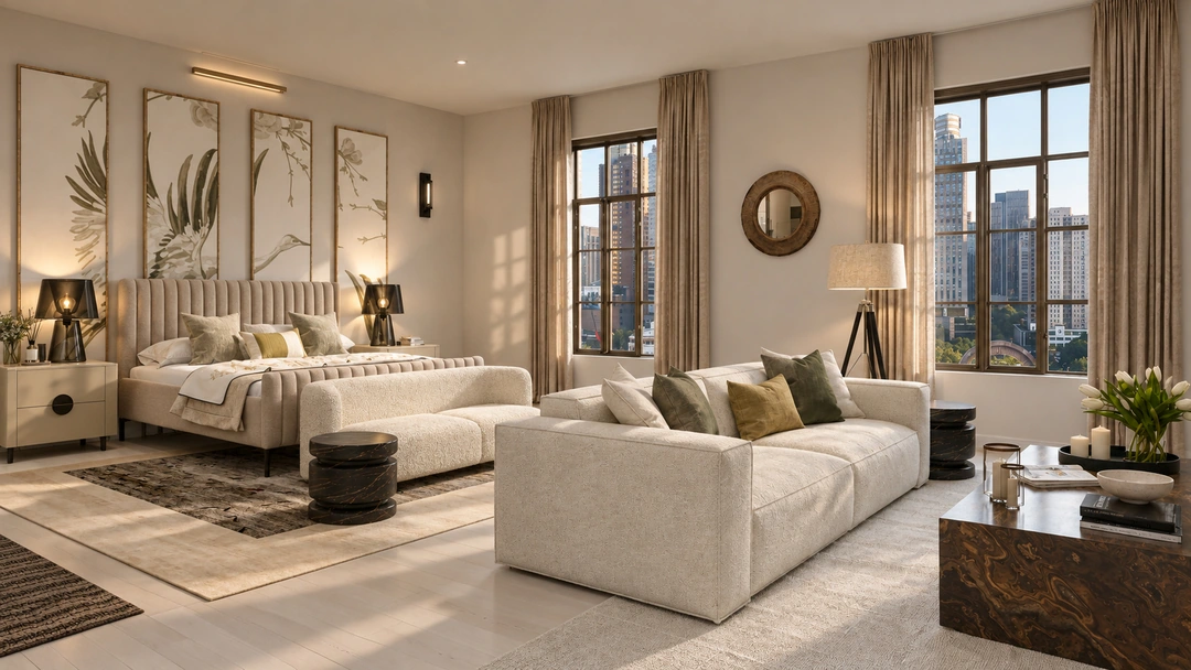 Neutral living room with sofas and large windows — New York, NY, Studio Dalika