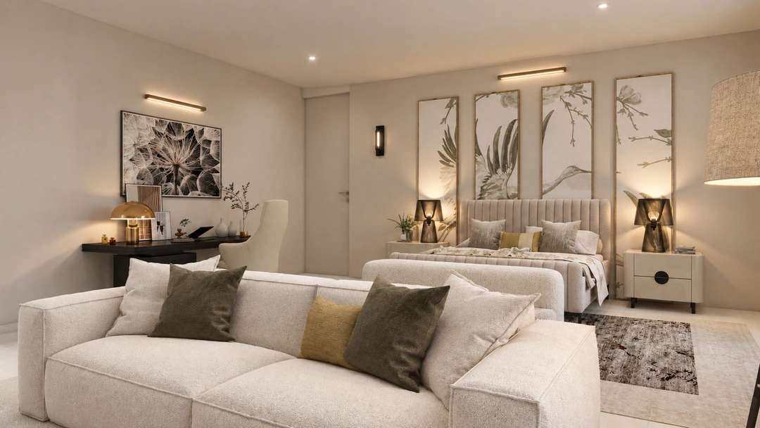 Sofa detail with cushions and oversized abstract artwork — New York, NY, Studio Dalika; project view 4
