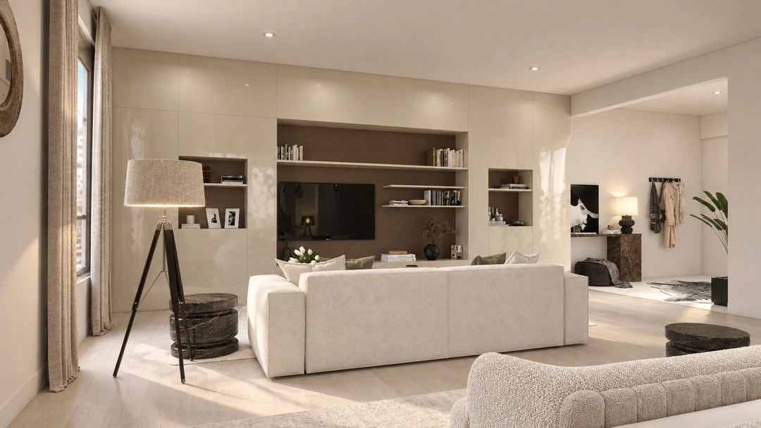 Living room facing television and illuminated wall shelving — New York, NY, Studio Dalika; project view 5