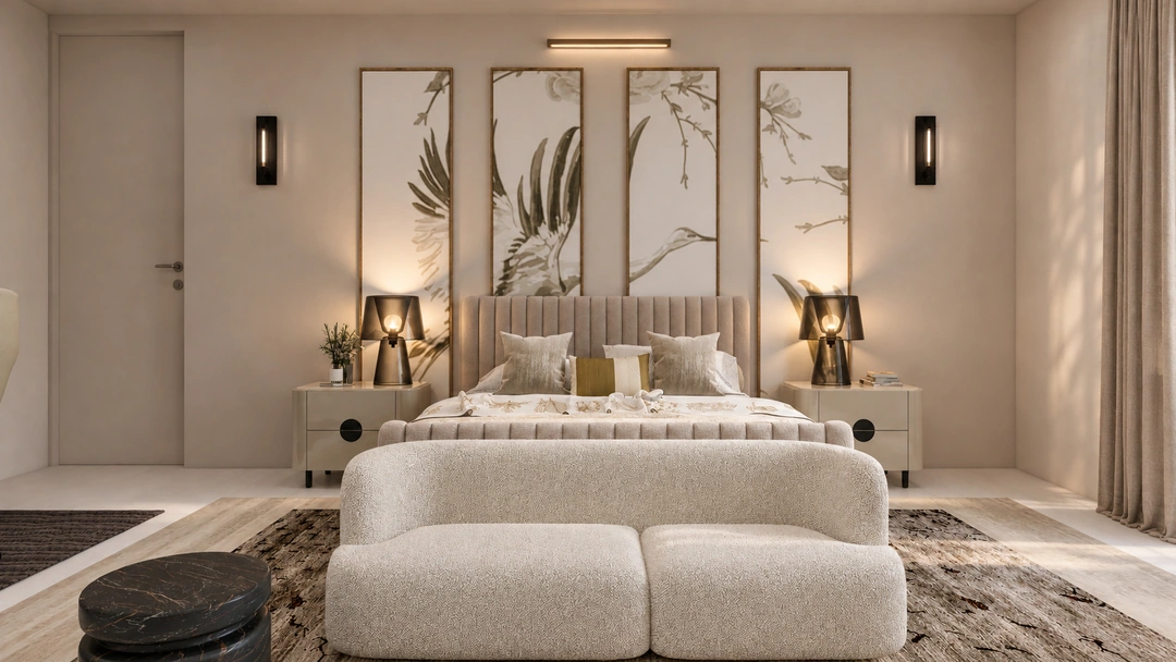 Bedroom with cushioned bed and abstract artwork — New York, NY, Studio Dalika; project view 6
