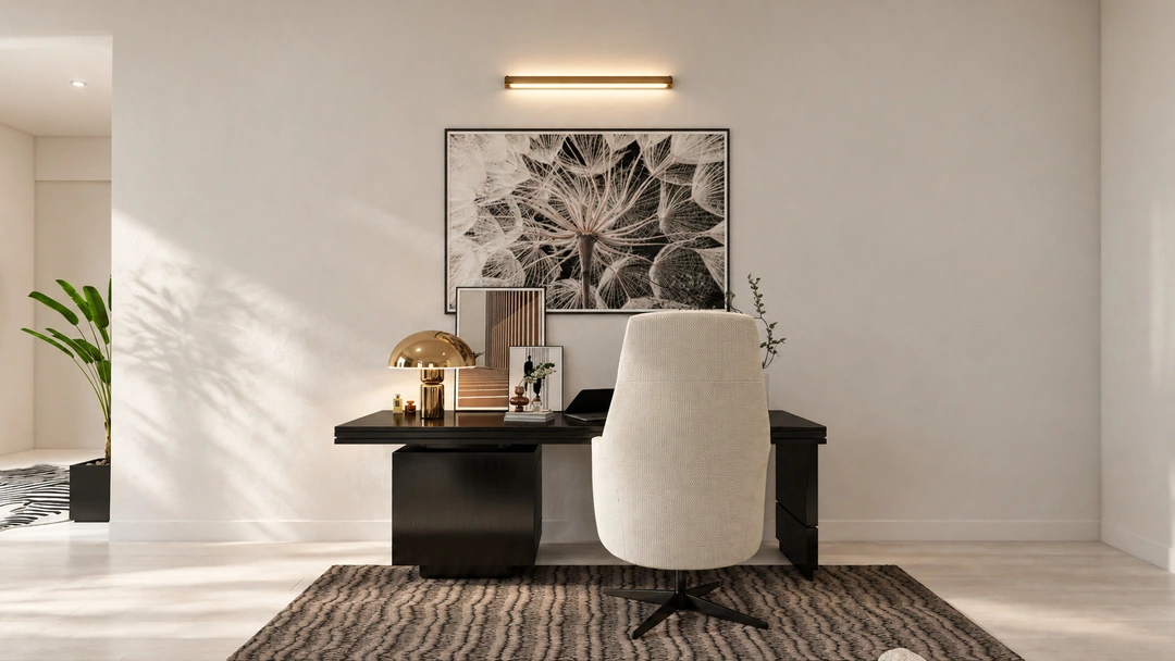 Compact workspace with white chair and task lighting — New York, NY, Studio Dalika; project view 7