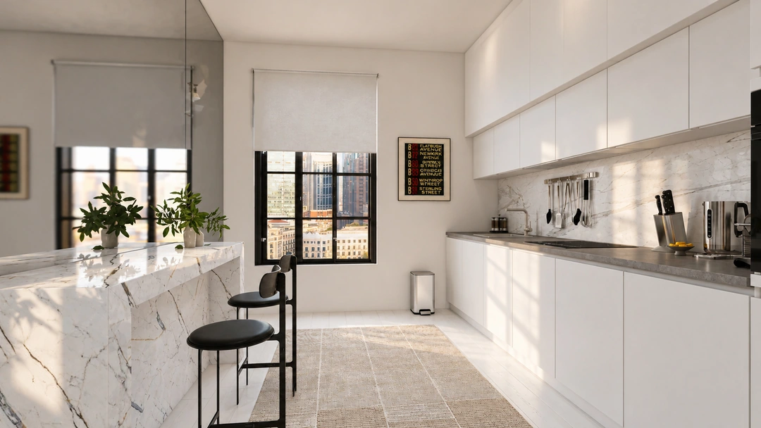 White kitchen with long counter and dark stools — New York, NY, Studio Dalika; project view 8