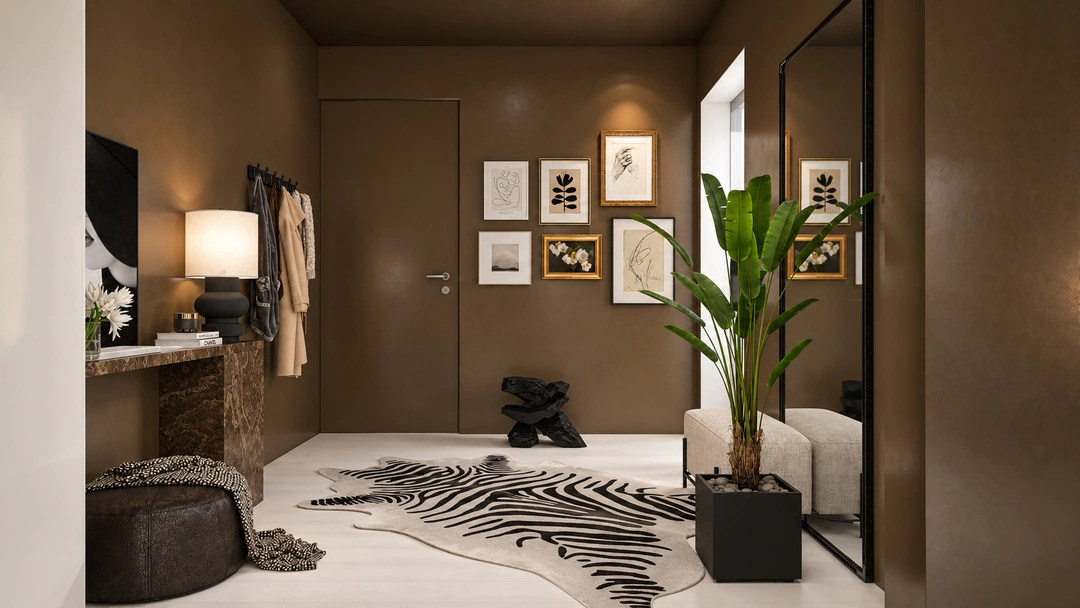 Evening entry with patterned rug and photo display — New York, NY, Studio Dalika; project view 10