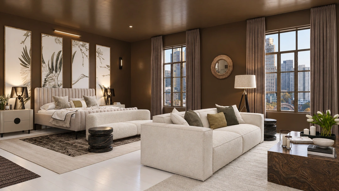 Evening living room with neutral sofas and large windows — New York, NY, Studio Dalika; project view 11
