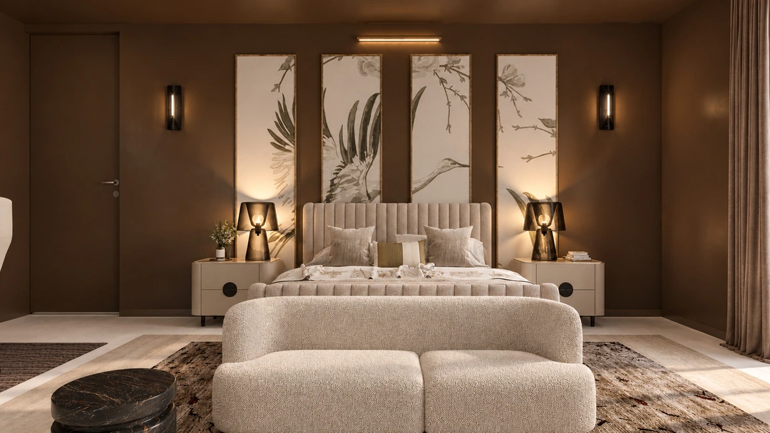 Evening bedroom with cushioned bed and abstract artwork — New York, NY, Studio Dalika; project view 14