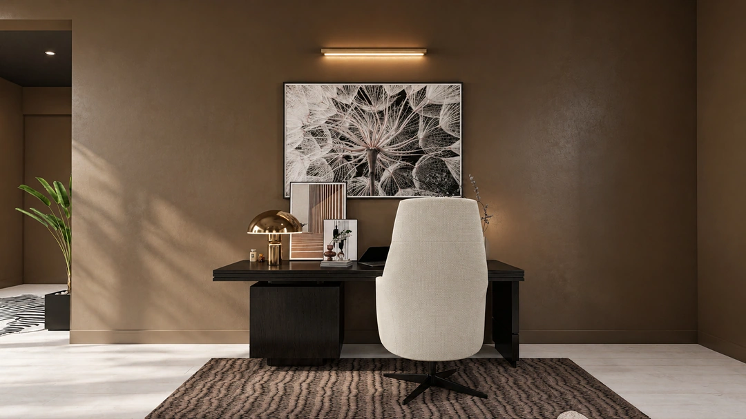 Evening desk with white chair and picture light — New York, NY, Studio Dalika; project view 15