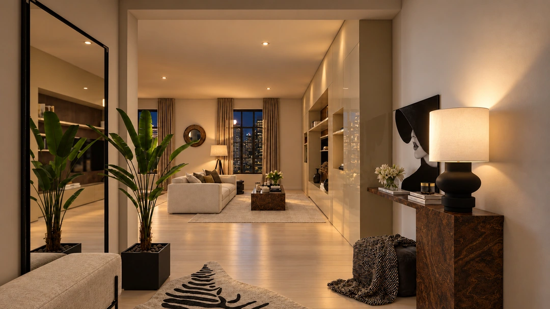 Evening entry hallway with plants and framed photographs — New York, NY, Studio Dalika; project view 16