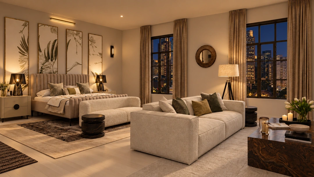 Evening living room with sofas and window seating — New York, NY, Studio Dalika; project view 18