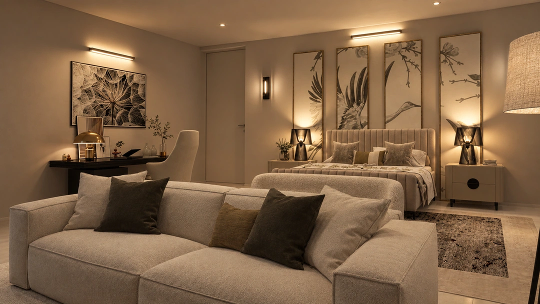 Evening living room with sofa and paired wall sconces — New York, NY, Studio Dalika; project view 19