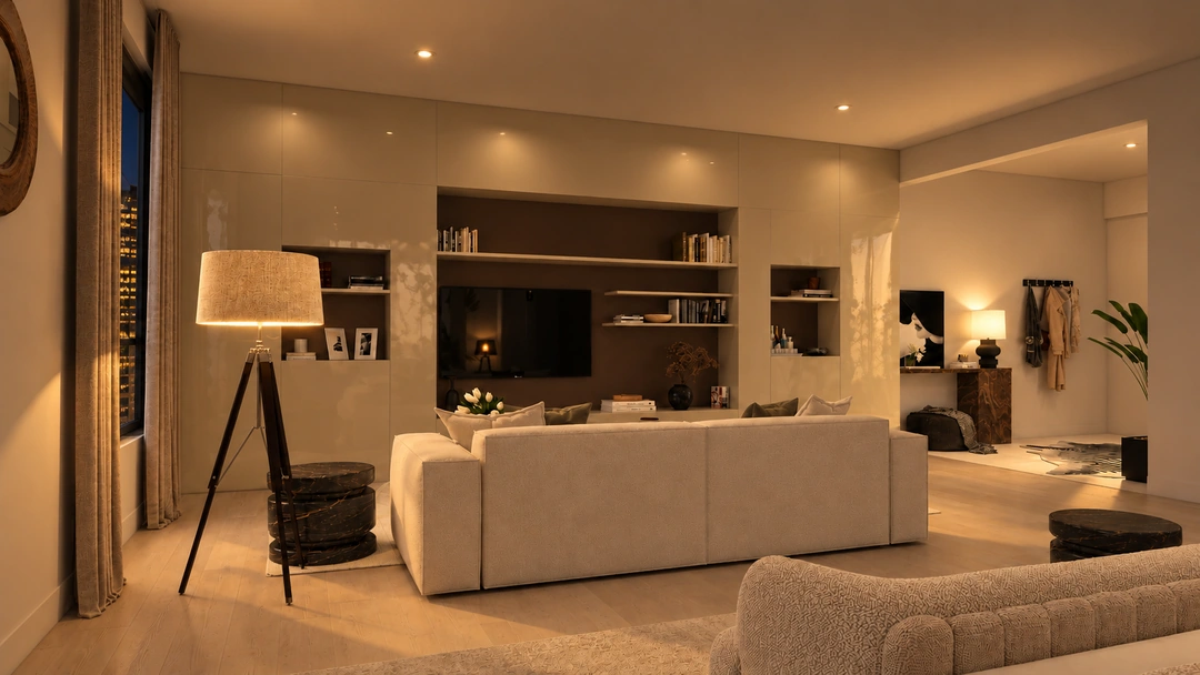 Evening television lounge with white sofa and floor lamp — New York, NY, Studio Dalika; project view 20