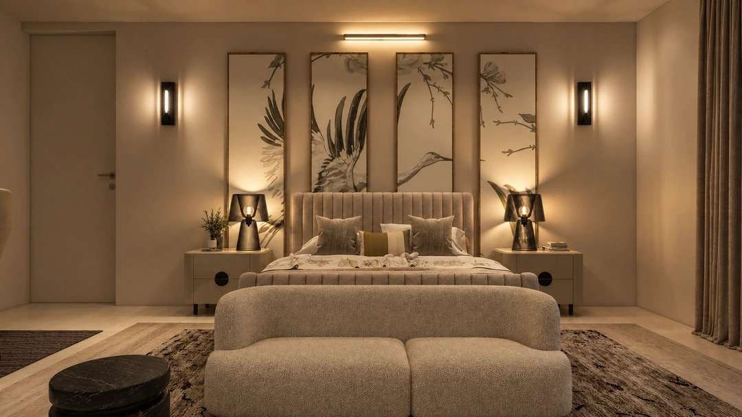 Evening living room facing layered sofas and artwork — New York, NY, Studio Dalika; project view 21