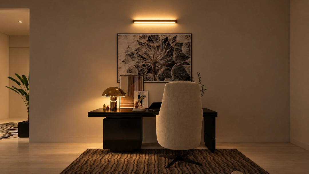 Evening workspace with white chair and picture light — New York, NY, Studio Dalika; project view 22