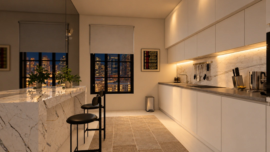 Evening white kitchen with long counter and stools — New York, NY, Studio Dalika; project view 23