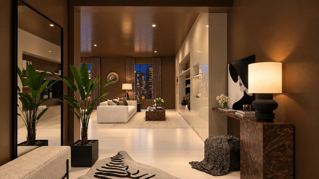 Evening entry hall with plants and wall sconces — New York, NY, Studio Dalika; project view 24
