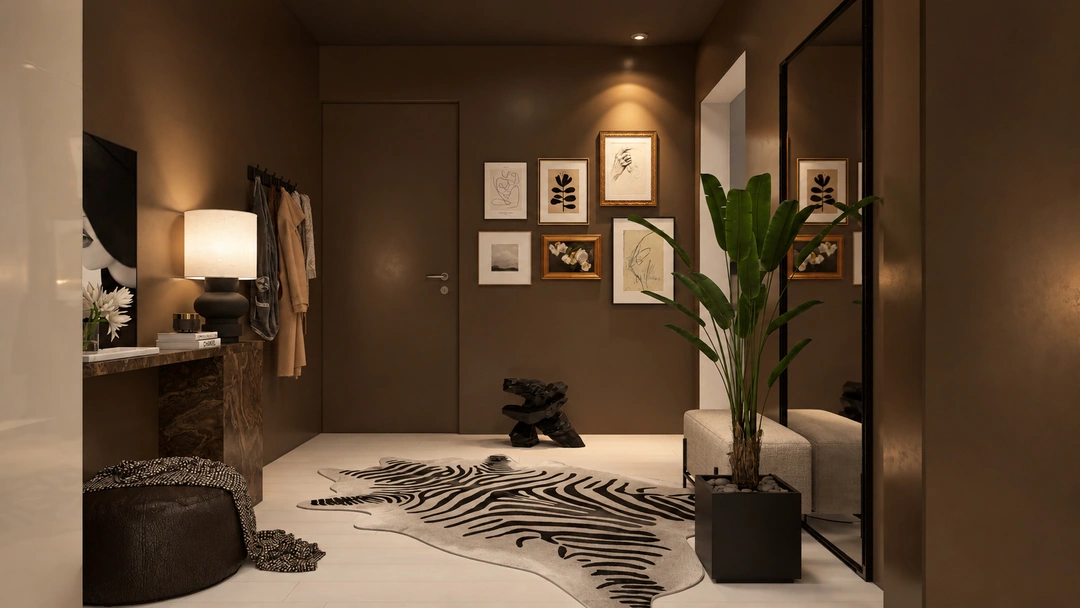 Evening entry hall with patterned rug and plants — New York, NY, Studio Dalika; project view 25