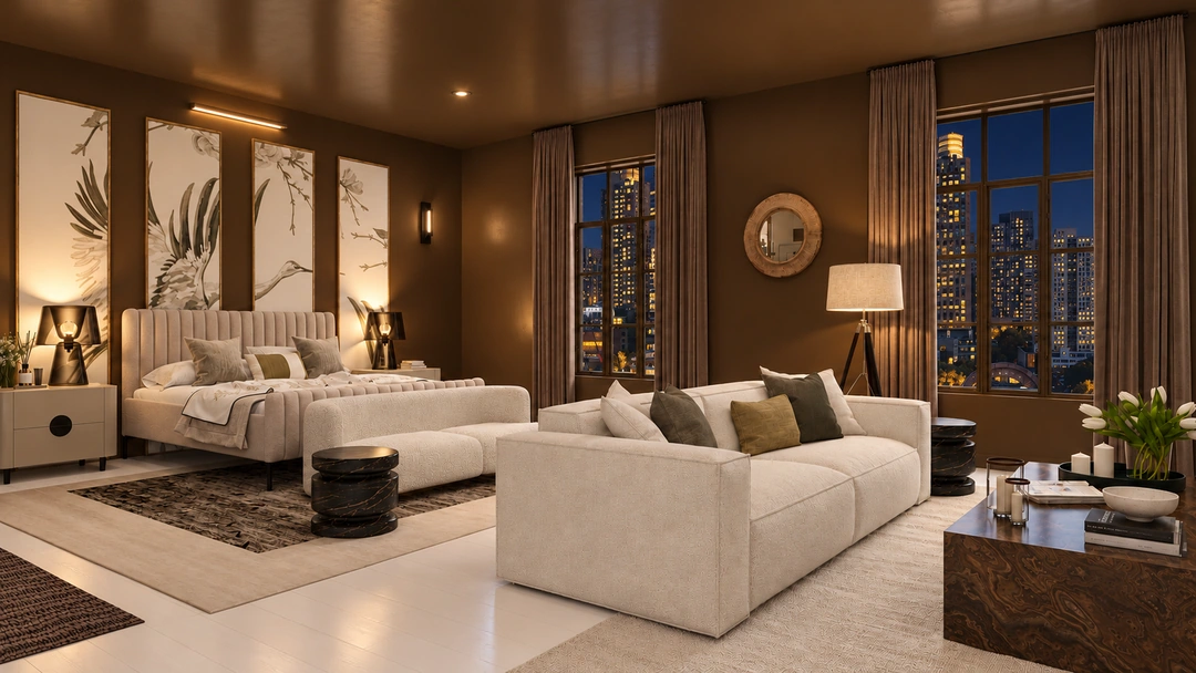 Evening open living room with layered neutral seating — New York, NY, Studio Dalika; project view 26