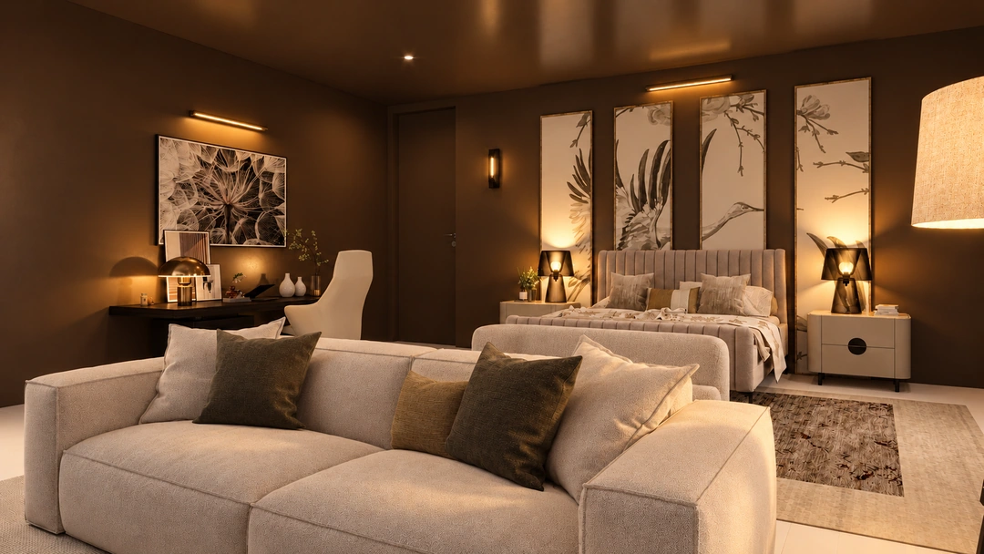 Evening living room with sofas and oversized artwork — New York, NY, Studio Dalika; project view 27