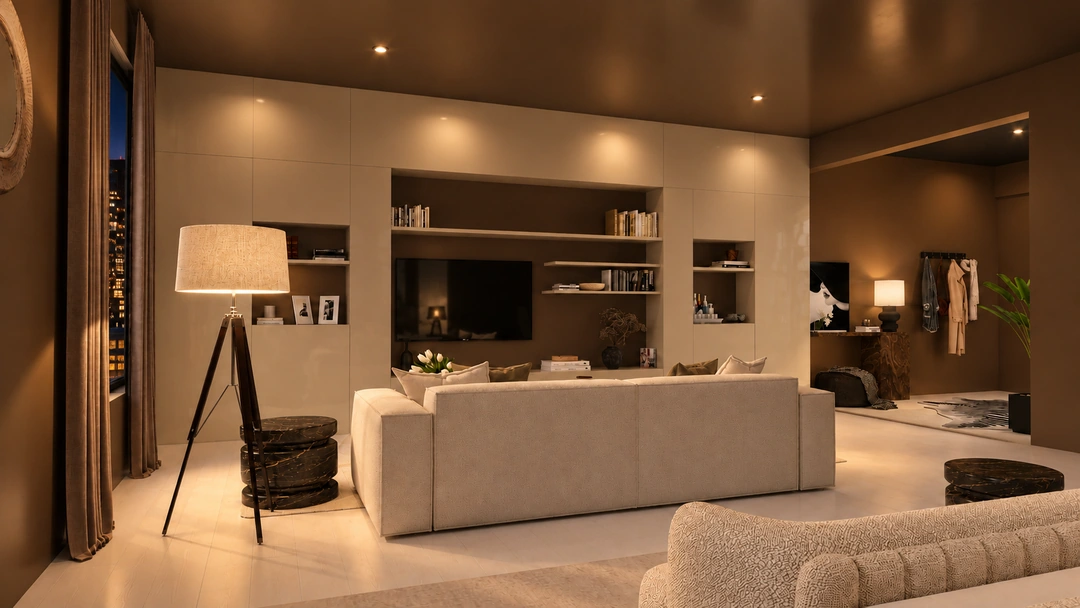 Evening living room facing television and wall shelving — New York, NY, Studio Dalika; project view 28