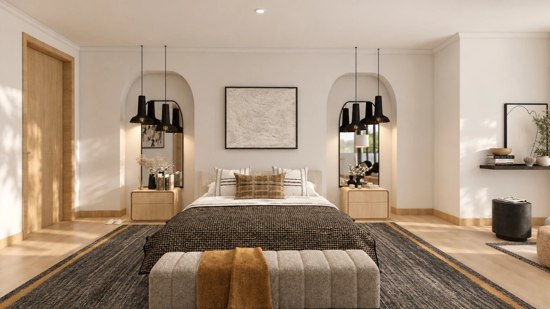 Bedroom with centered upholstered bed and bedside tables — Thousand Oaks, CA, Studio Dalika; project view 3