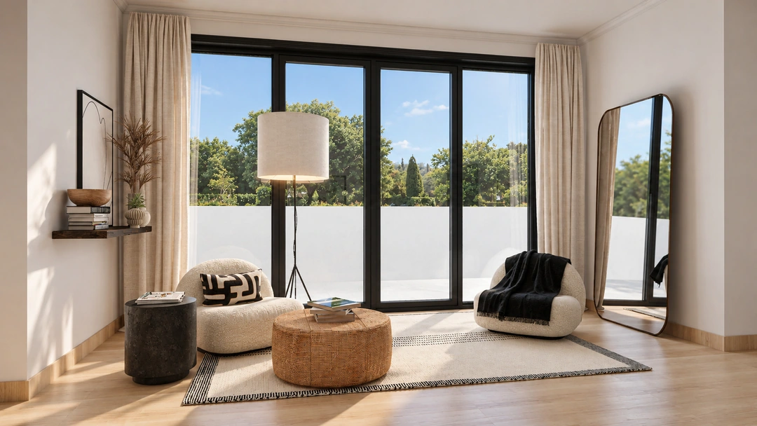Bedroom lounge chairs beside large garden facing windows — Thousand Oaks, CA, Studio Dalika; project view 4