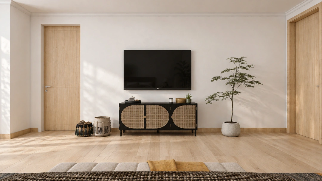 Bedroom television wall with console and recessed shelving — Thousand Oaks, CA, Studio Dalika; project view 5