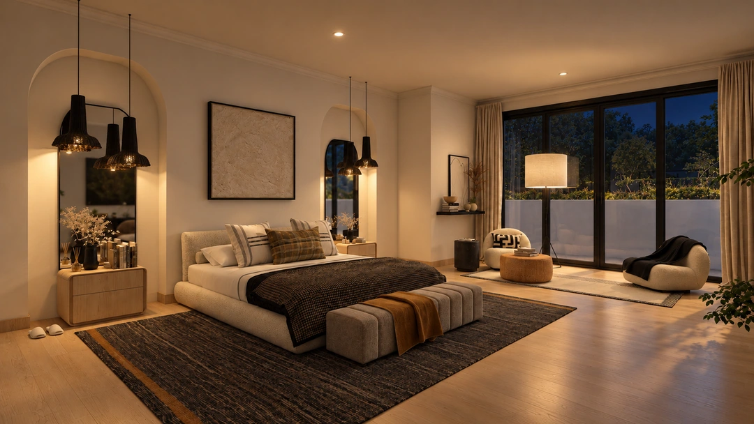 Evening bedroom with lounge seating and large windows — Thousand Oaks, CA, Studio Dalika; project view 6