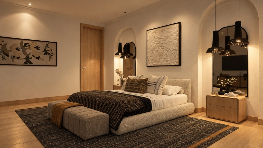 Bedroom with dark bedding and cushioned footstools — Thousand Oaks, CA, Studio Dalika; project view 7