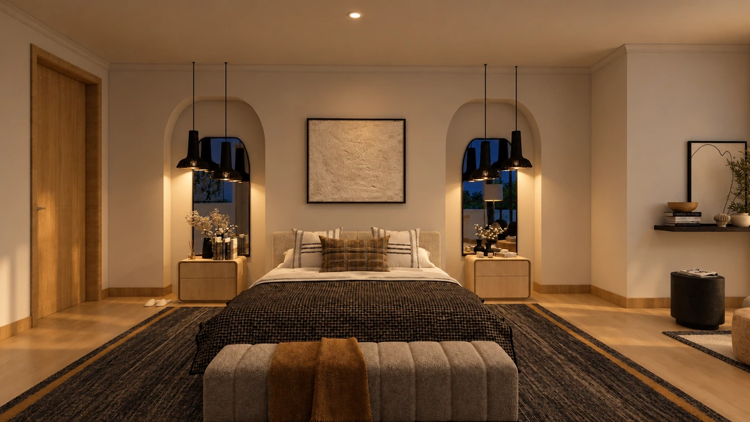 Evening bedroom with bedside sconces and upholstered bed — Thousand Oaks, CA, Studio Dalika; project view 8