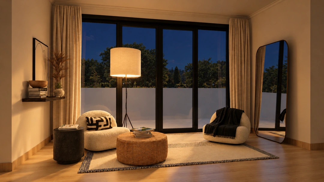 Evening bedroom sitting area beside full height windows — Thousand Oaks, CA, Studio Dalika; project view 9