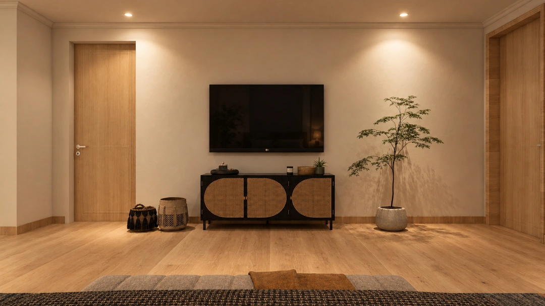 Bedroom television wall with low sculptural console — Thousand Oaks, CA, Studio Dalika; project view 10