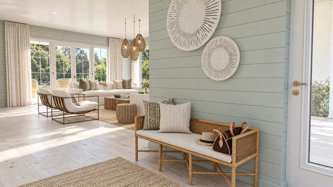 Blue paneled entry wall with bench and mirrors — St. Petersburg, FL, Studio Dalika; project view 3