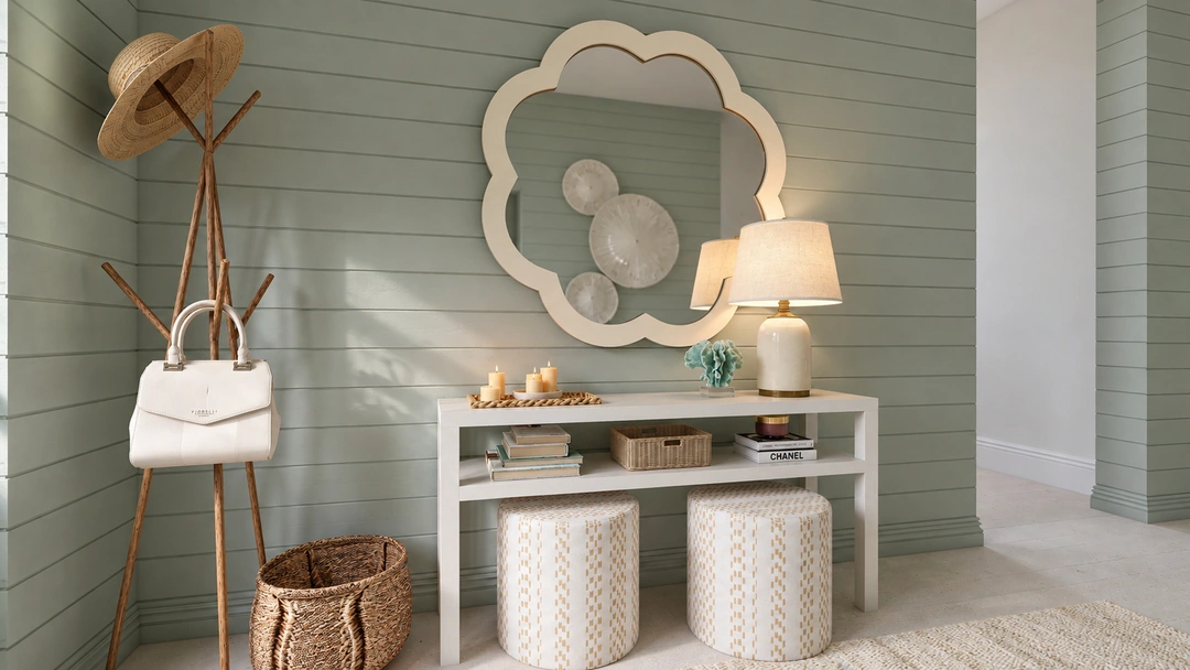 Entry console with scalloped mirror and hanging bag — St. Petersburg, FL, Studio Dalika; project view 4