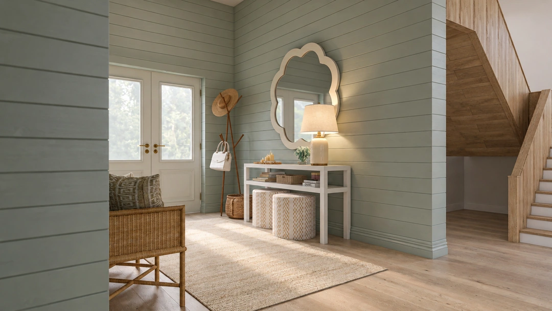 Entry hallway with console beside open staircase — St. Petersburg, FL, Studio Dalika; project view 5
