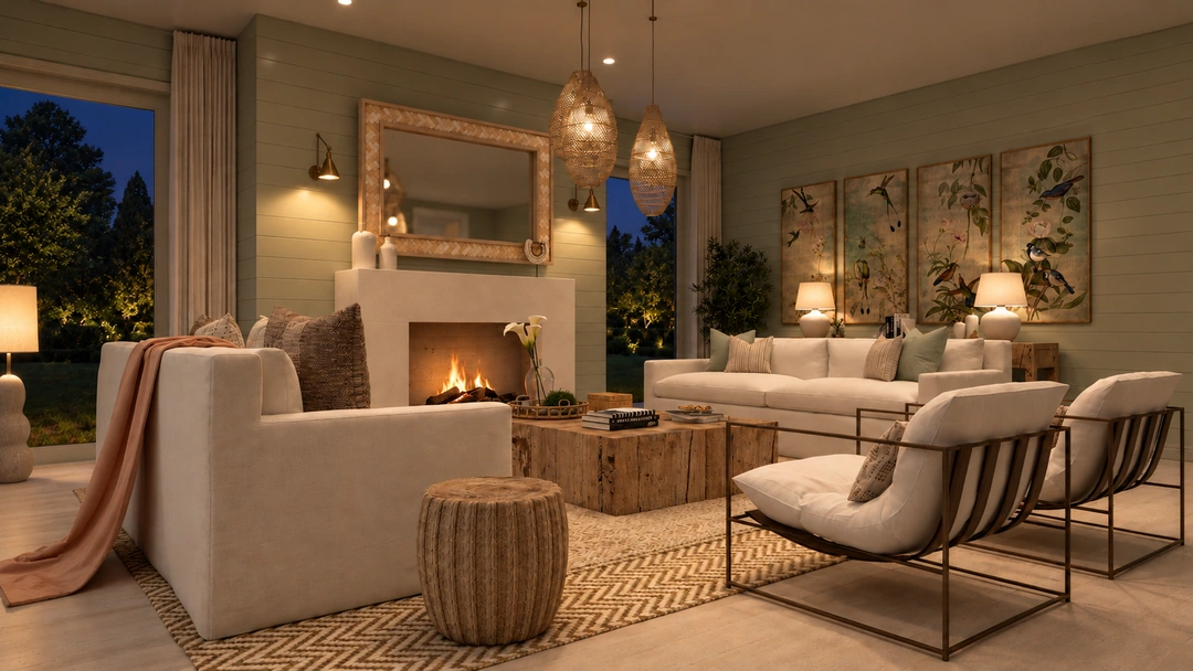 Evening living room with fireplace and lounge chairs — St. Petersburg, FL, Studio Dalika; project view 6