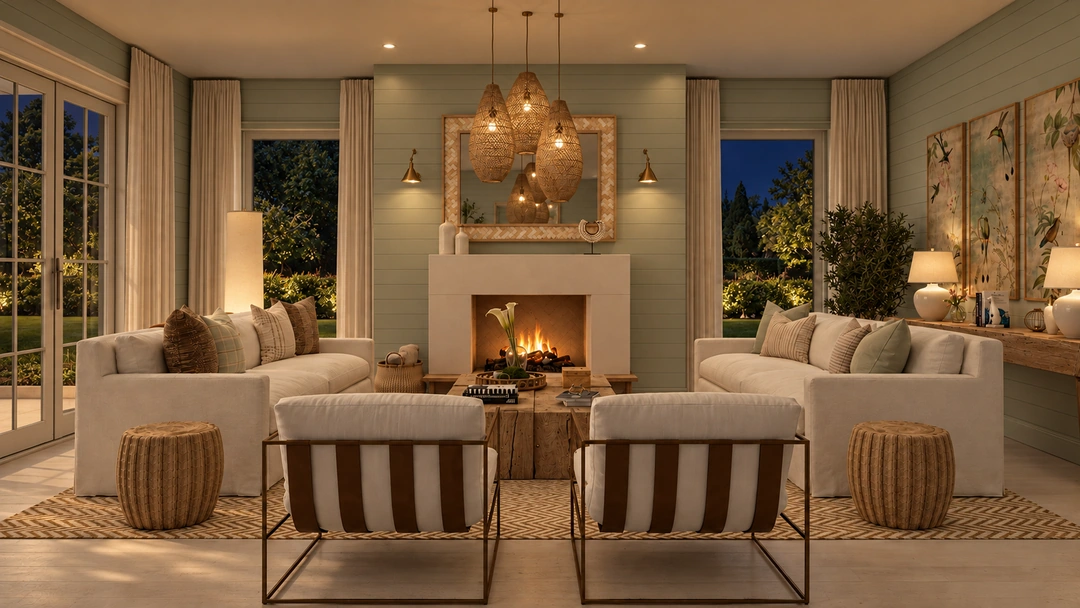 Evening living room with fireplace and upholstered seating — St. Petersburg, FL, Studio Dalika; project view 7